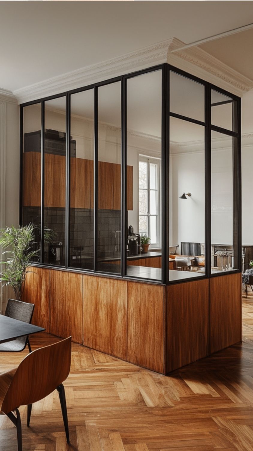 verrière sur mesure angle cuisine bois loft