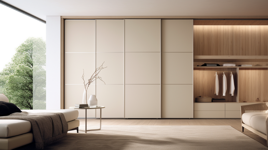 porte coulissante dressing placard bois clair et crème