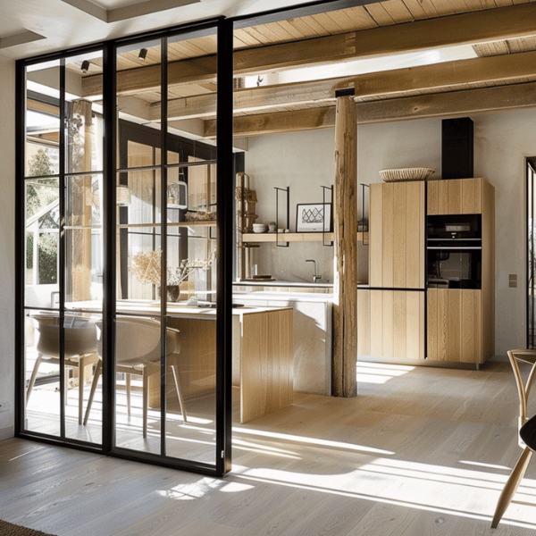 verrière industrielle noire cuisine en bois