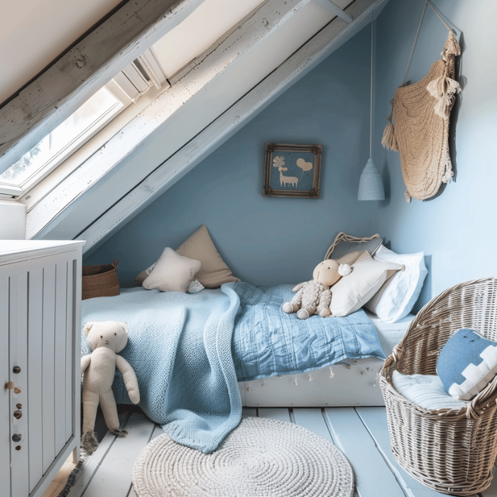 chambre d'enfant bleue sous les toits